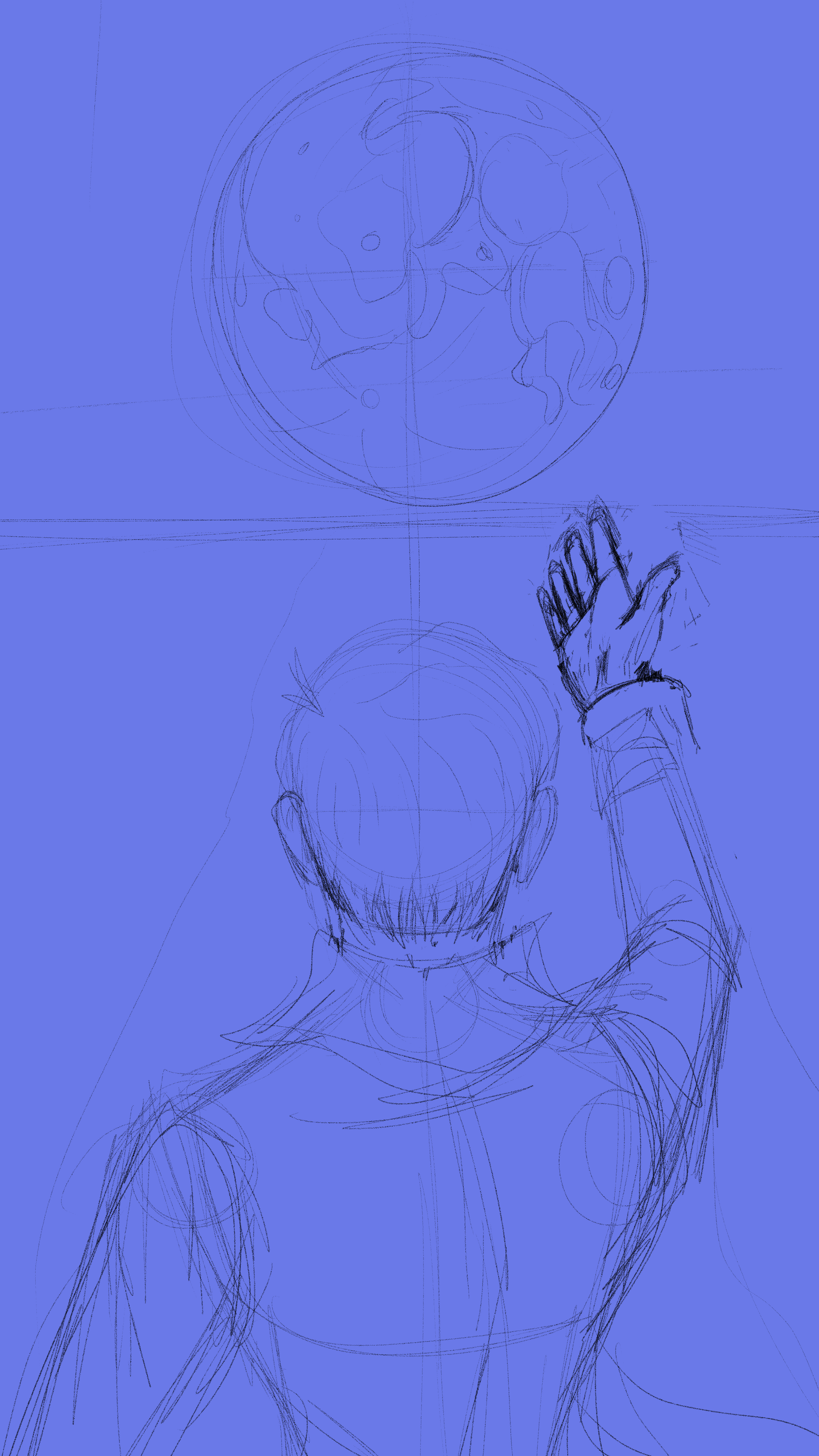 light blue backed sketch of an individual reaching up towards the moon
