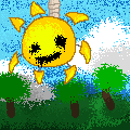 Pixel art of a spooky looking sun