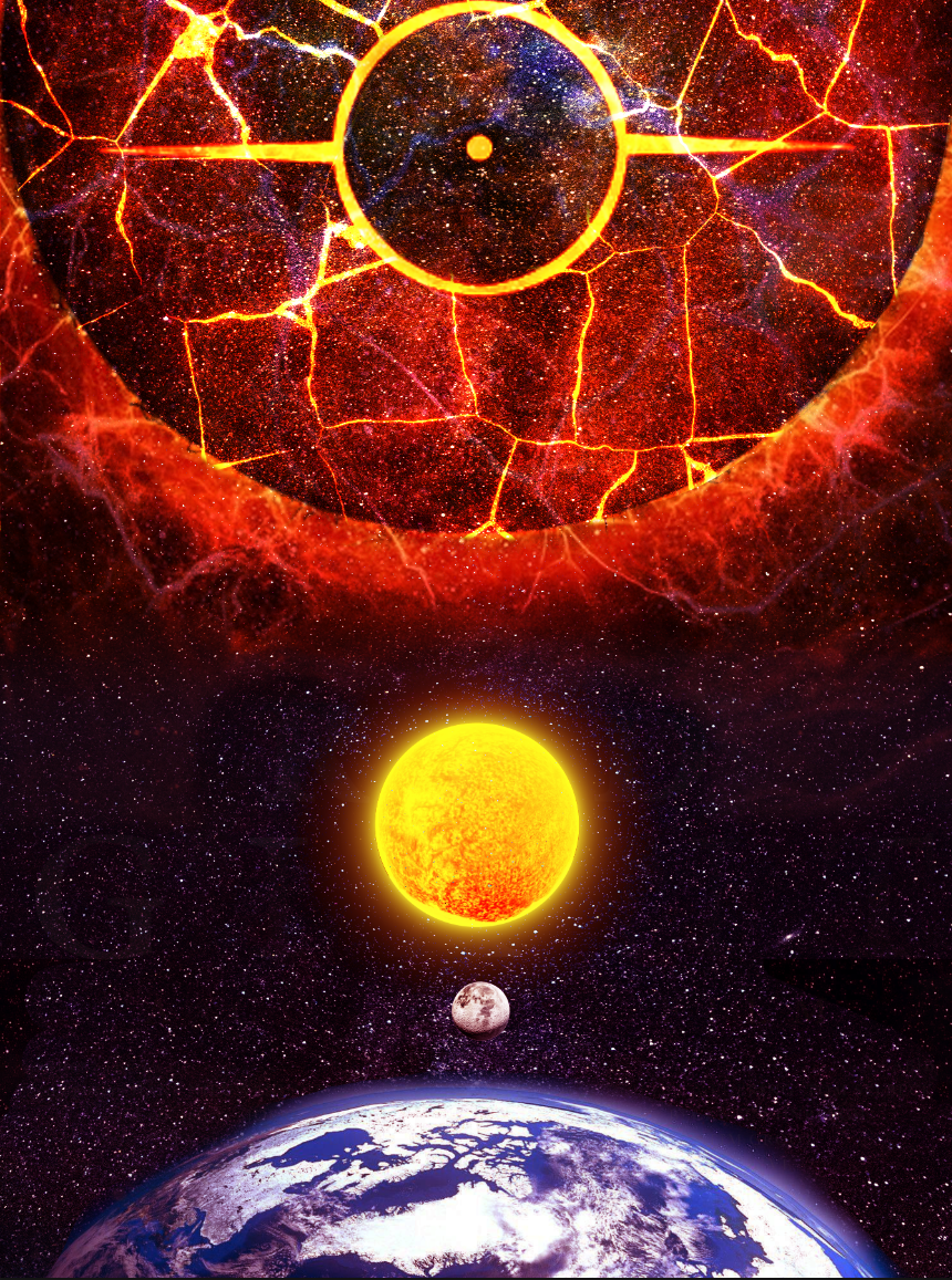 Planets in alignment with a cracked planet in the foreground